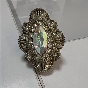 Elegant Silver Statement Ring with Crystal Accents VINTAGE COSTUME RING